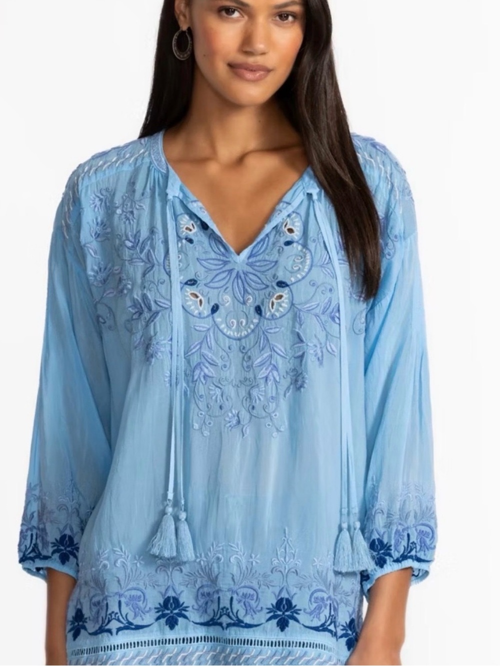 Johnny Was ‘Skies Are Blue’ Embroidered Tunic Blouse Size PL